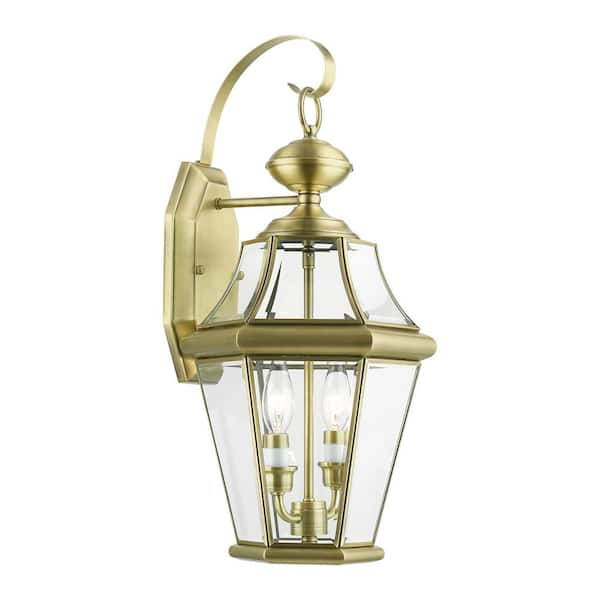 Cresthill 20.75 in. 2-Light Antique Brass Outdoor Hardwired Wall Lantern Sconce with No Bulbs Included