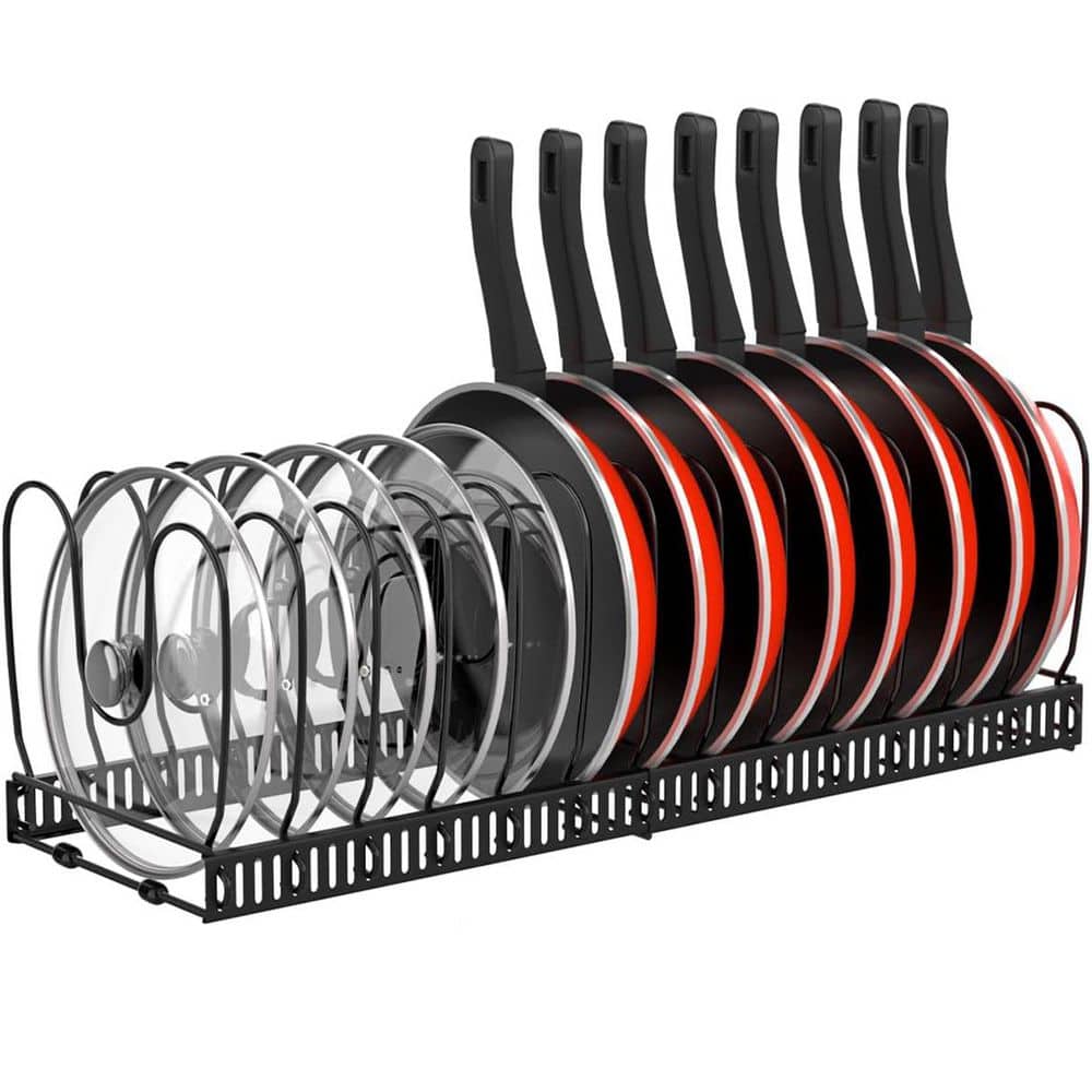 Expandable Pot and Pan Organizer Rack Black Iron Accessory with 14 Adjustab