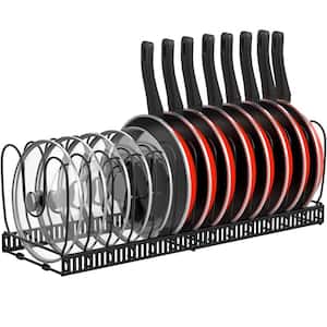 Expandable Pot and Pan Organizer Rack Black Iron Accessory with 14 Adjustable Dividers for Cabinet or Countertop Use