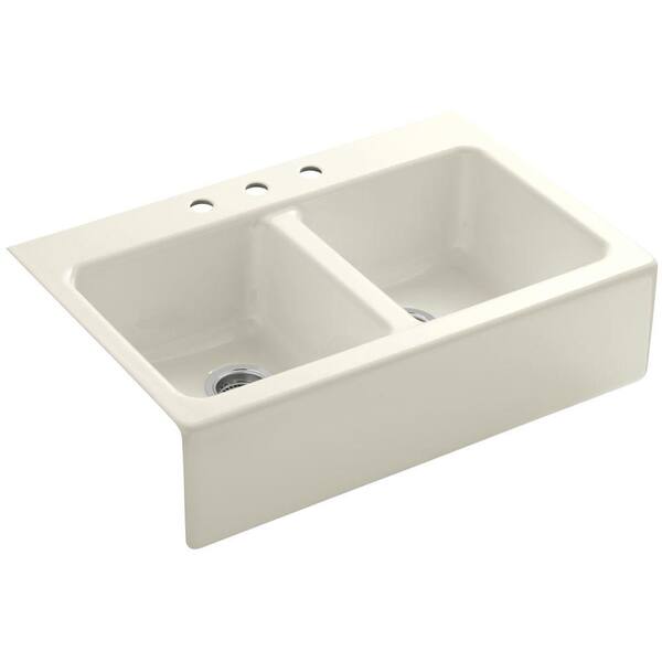 KOHLER Hawthorne Farmhouse Apron-Front Cast Iron 33 in. 3-Hole Double Basin Kitchen Sink in Biscuit