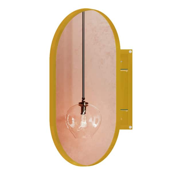 WELLFOR 21 in. W x 34 in. H Oval Metal Medicine Cabinet with Mirror in Matte Gold, 2 Adjustable Glass Shelves