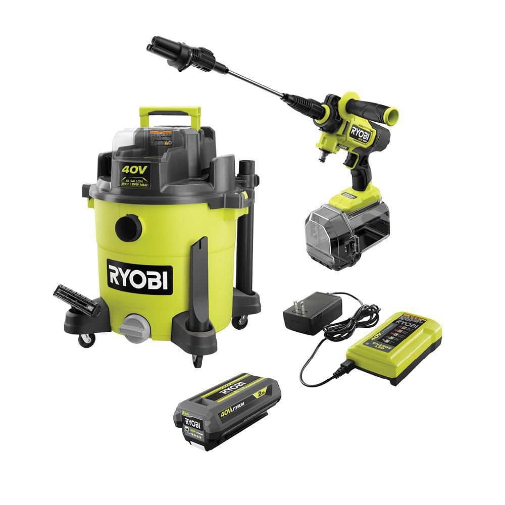 RYOBI 40V 10 Gal. Cordless Wet/Dry Vacuum with 40V HP Brushless EZClean 600 PSI Power Cleaner, 2.0 Ah Battery, and Charger, Greens