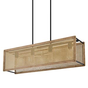Beau 4-Light Matte Black Linear Chandelier with Natural Wood Finish Shade