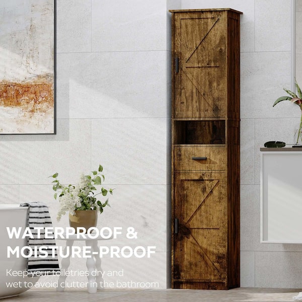 15 in. W x 11 in. D x 69 in. H Brown Linen Cabinet, Tall Storage Cabinet with 2-Doors, 1-Drawer, Bathroom/Office/Living