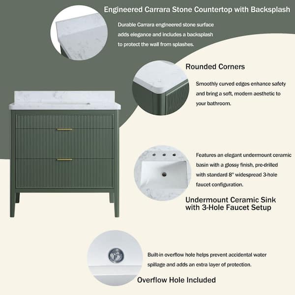 Liviza 36 in. Green Solid Wood Freestanding Bath Vanity with White