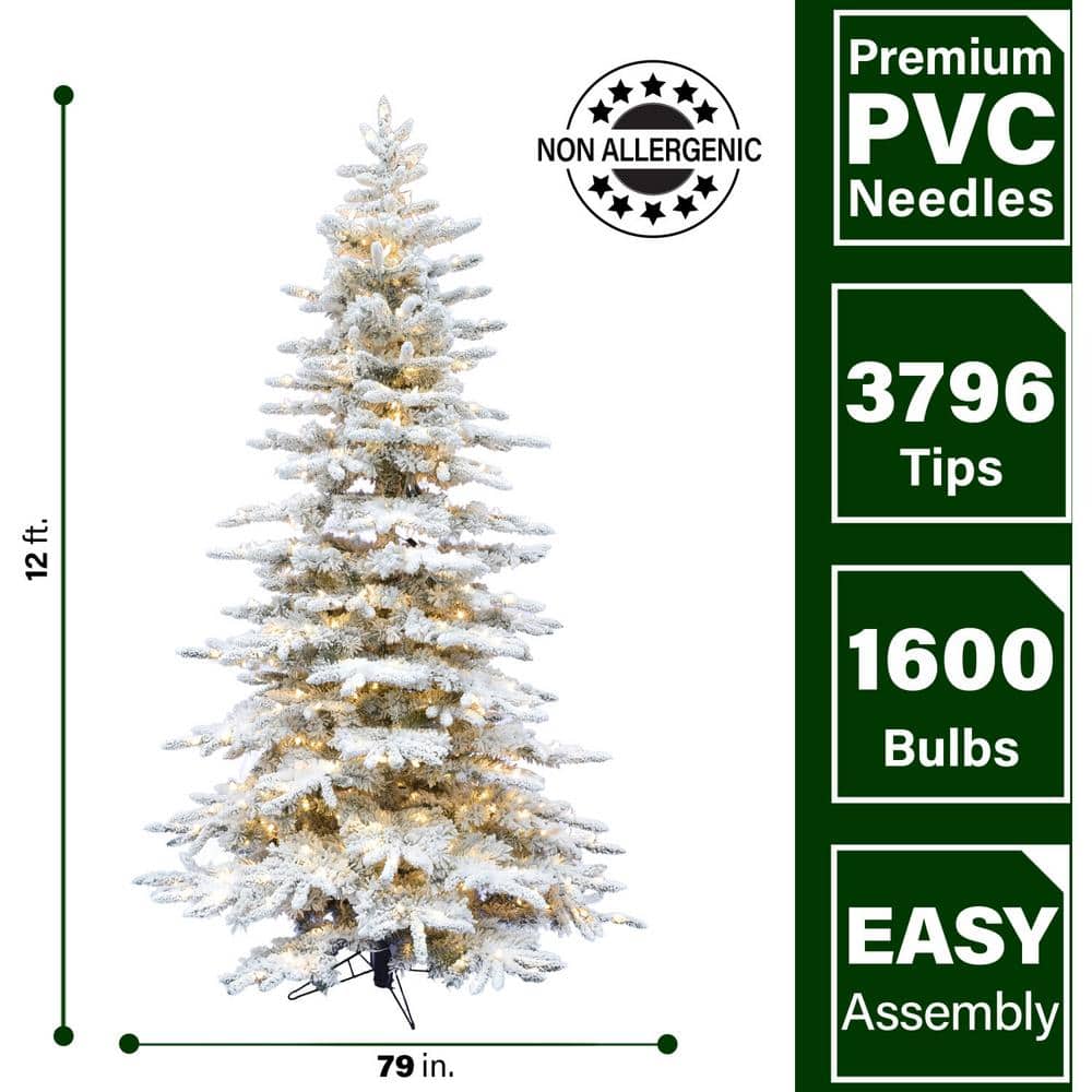 12-Foot White Flocked Pine Christmas Tree with LED Lights
