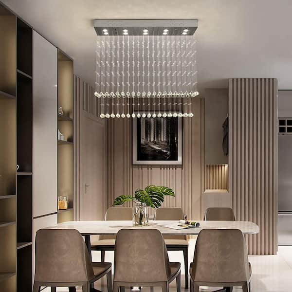 LuminFan 39 in. 10-Light Silver Modern Rectangular Crystal