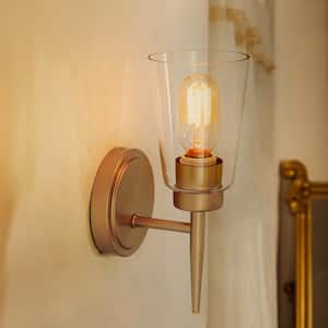 Modern Gold Wall Sconce, 1-Light Bathroom Bell Wall Light with Clear Cylinder Glass Shade for Kitchen and Foyer