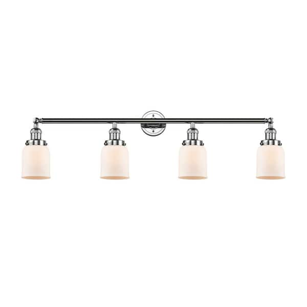 Bell 42 in. 4 Light Polished Chrome, Matte White Vanity Light with White Glass Shade