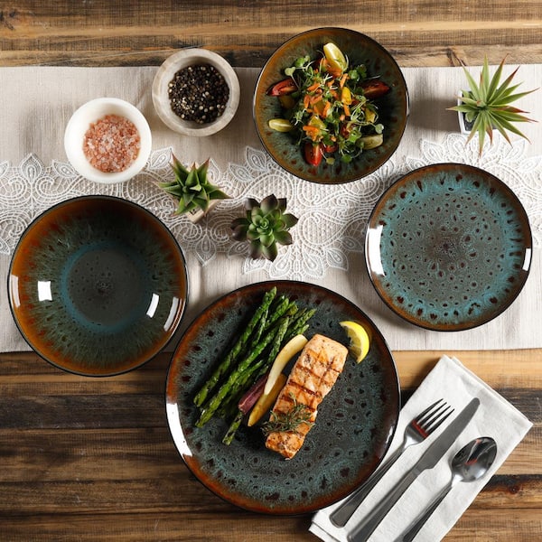 Gibson Elite Kyoto 16 Piece Asian Inspired Teal Reactive Glaze With Black And Bronze Accents Stoneware Dinnerware Set Service For 4 16r The Home Depot