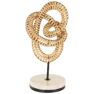 Brown Rattan Handmade Looped Abstract Sculpture with White Marble Base