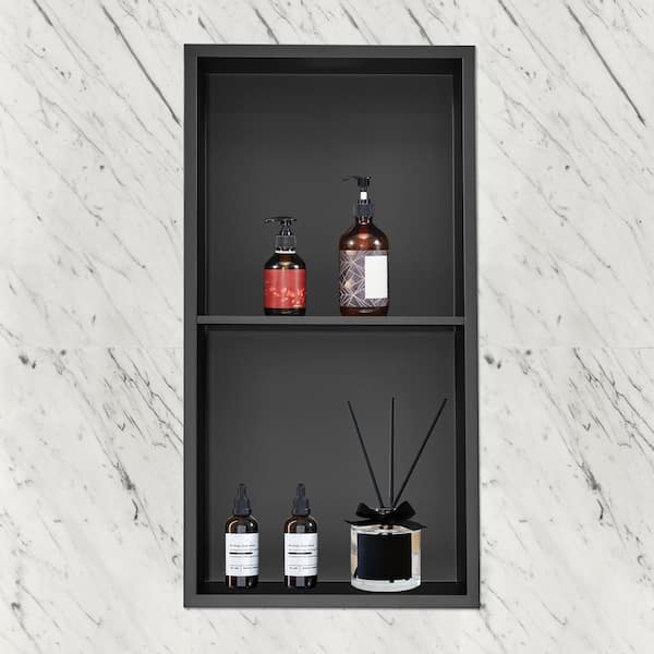 13 in. W x 25 in. H x 4 in. D 304 Stainless Steel Shower Niche in Black Wall-Inserted Niche Recessed Double Shelves