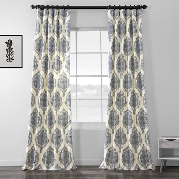 Exclusive Fabrics & Furnishings Arabesque Blue Damask Rod Pocket Room Darkening Curtain - 50 in. W x 108 in. L (1 Panel)