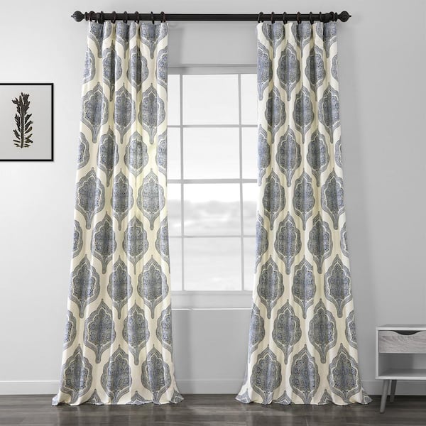 Exclusive Fabrics & Furnishings Arabesque Blue Damask Rod Pocket Room Darkening Curtain - 50 in. W x 84 in. L (1 Panel)