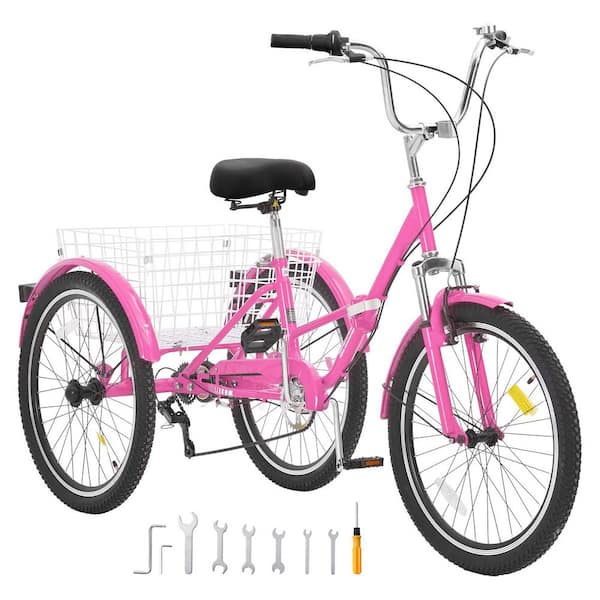 SKYSHALO Folding Adult Tricycle, 26 in. 7-Speed Adult Folding Trikes,Carbon Steel 3-Wheel Cruiser Bike with Basket and Seat, Pink