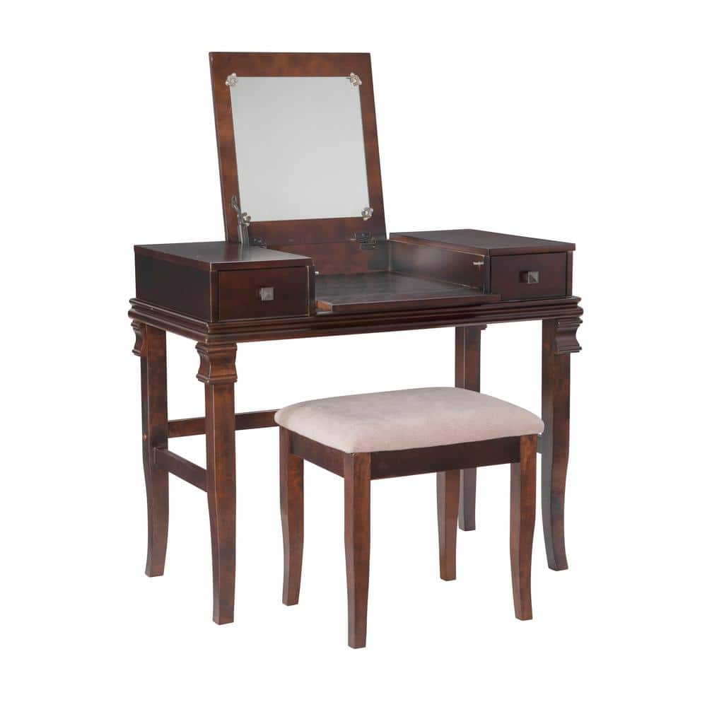 Angela 2-Piece Walnut Brown Makeup Vanity Set with Stool and Storage