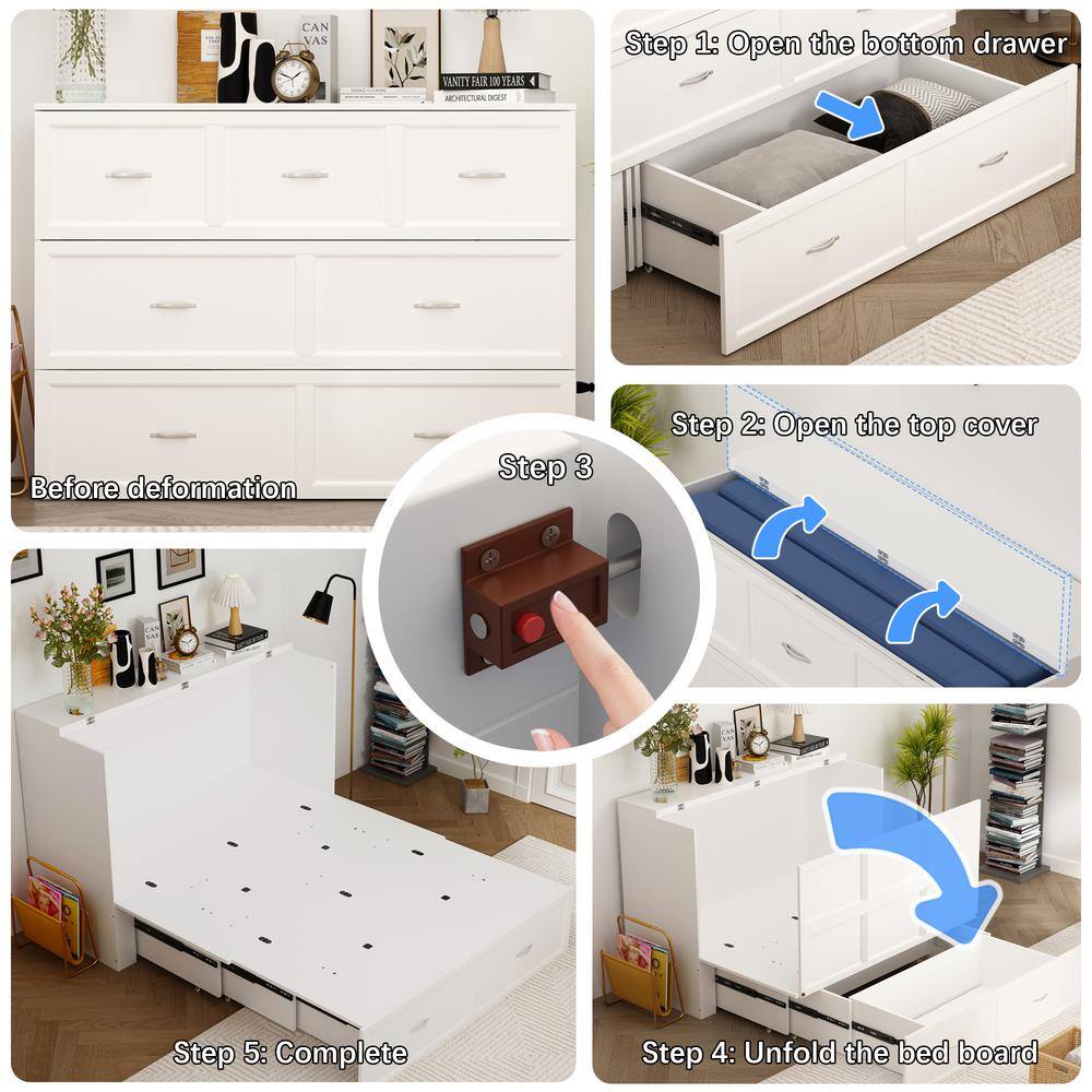 White Wooden 55.1 in. W Chest of Drawers, Can Convertible to Full Size Bed with USB Charging Station and Wheels - thumbnail 5