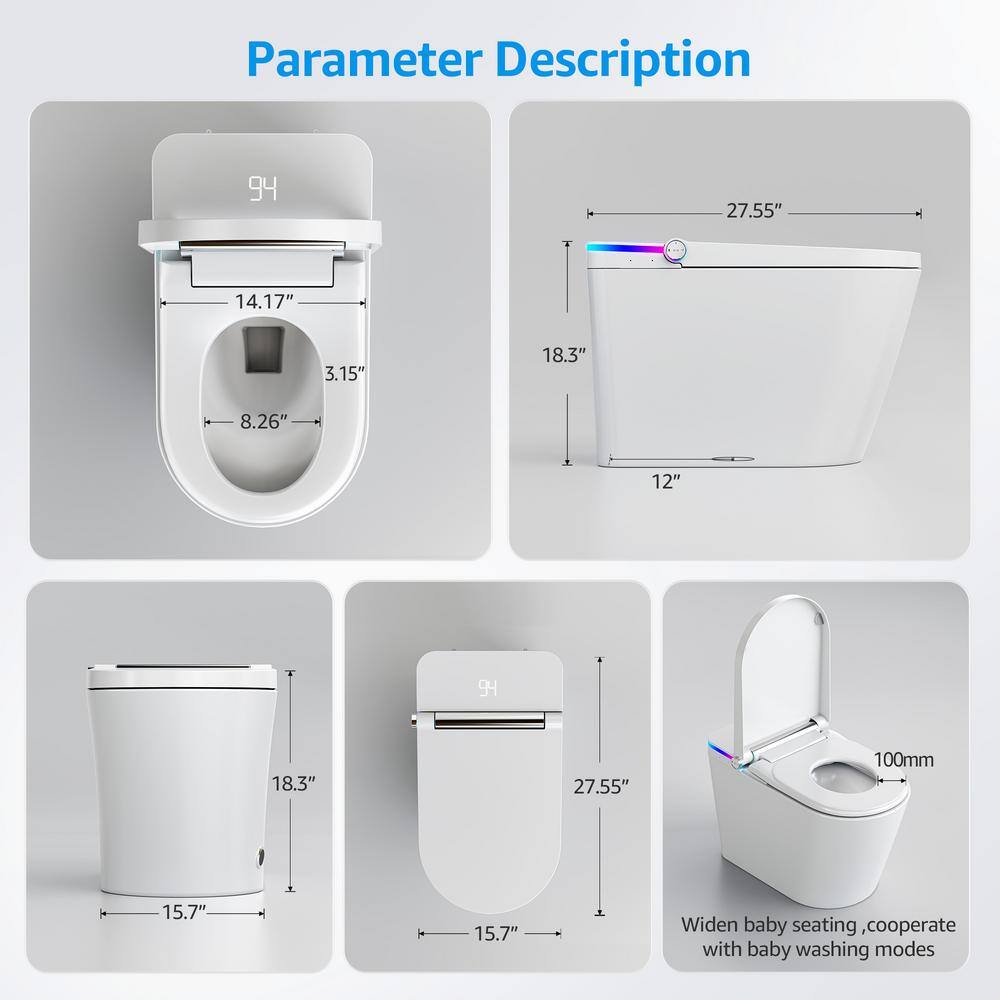 Yulika White Ceramic Elongated Smart Bidet Toilet with LED Display