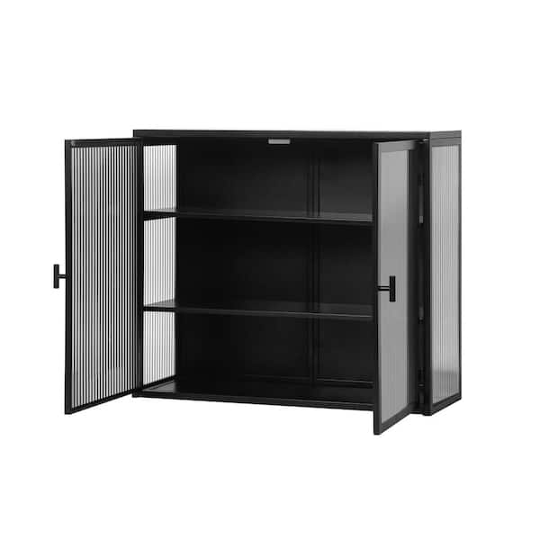 27.56 in. W x 9.06 in. D x 23.62 in. H 2 Glass Doors Metal Bathroom Storage Wall Cabinet with 3-Tier Shelf in Black