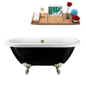 59 in. Acrylic Clawfoot Non-Whirlpool Bathtub in Glossy Black With Brushed Nickel Clawfeet And Brushed Gold Drain