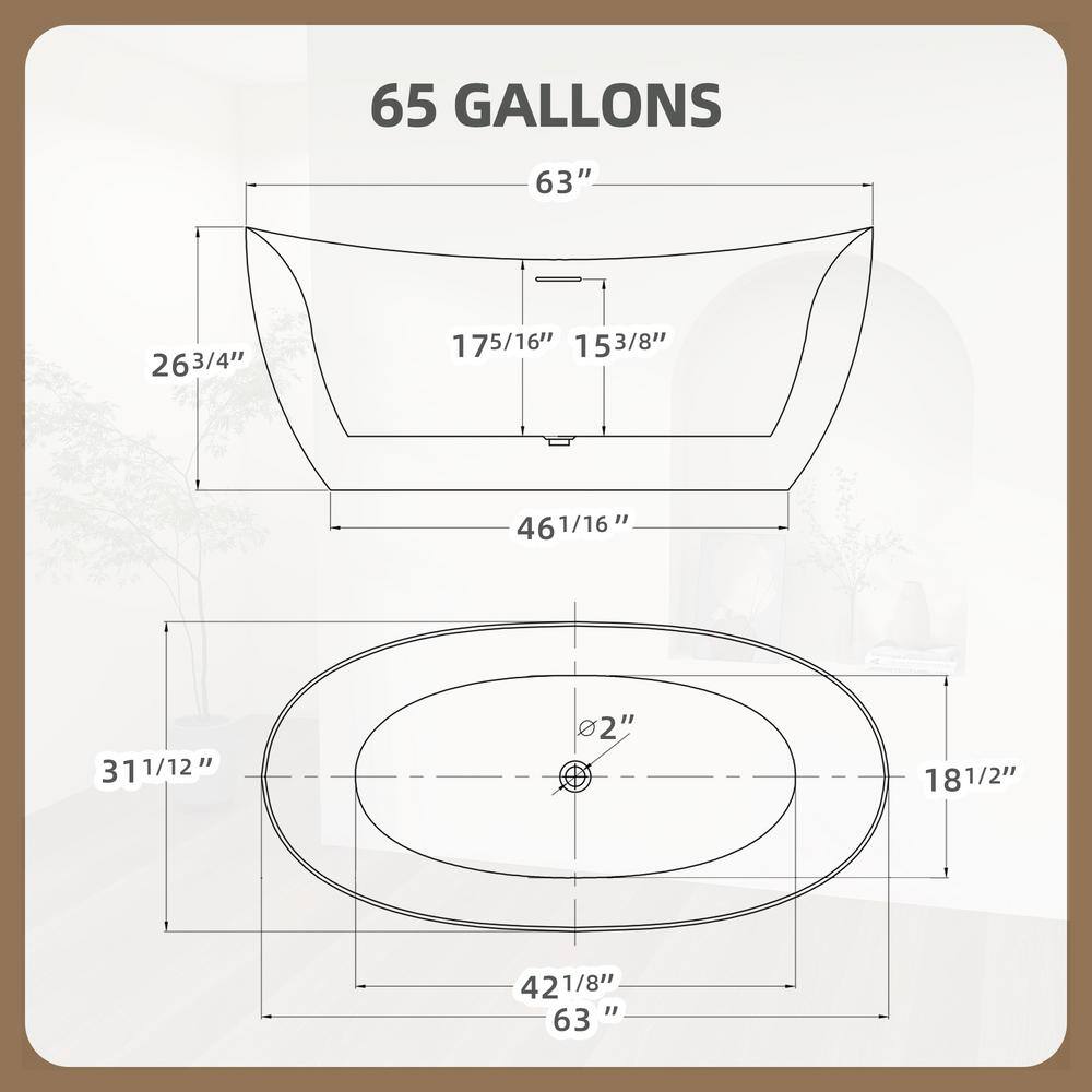 63'' White Acrylic Double Slipper Freestanding Soaking Tub