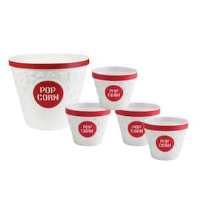 Plastic Popcorn Bucket and Popcorn Bowls in Red with Removable Kernel Catcher (Set of 5)