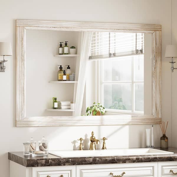 GLSLAND 24 in. W x 36 in. H Rectangular Wooden Pale Taupe Framed Wall Vanity Mirror Bathroom Mirror