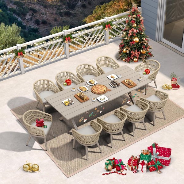 11-Piece Aluminum All-Weather PE Rattan Rectangular Outdoor Dining Set with Cushion, Champagne