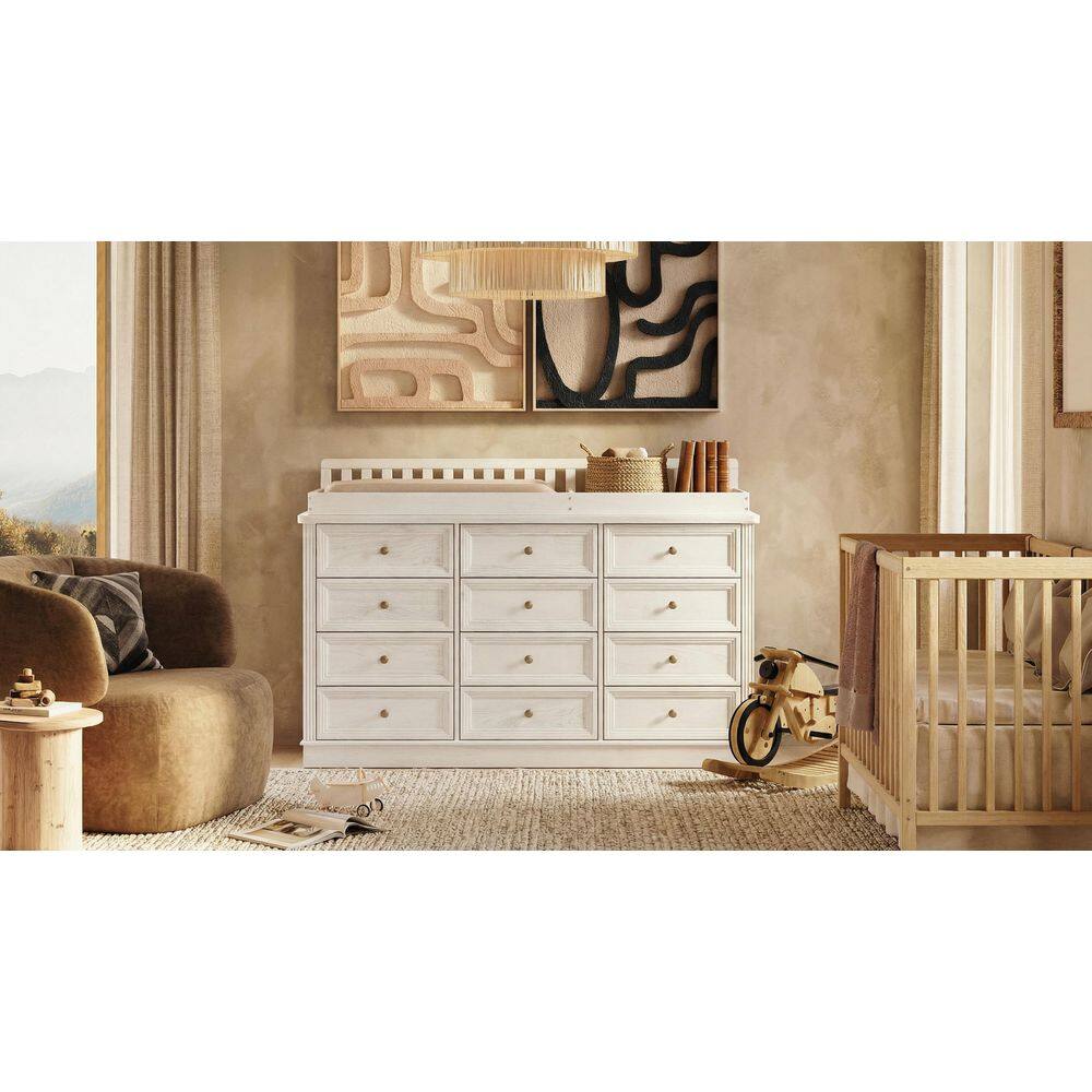 Cream 100% Pine Solid Wood Changing Table with 12-Drawers Removable Changing Tray Saftey Guardrails for Diaper Changing