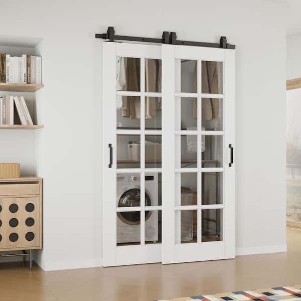 52 in. x 80 in. (Double 30 in.) 10-Lite Clear Glass White Primed MDF Sliding Barn Door with Hardware Kit Bypass