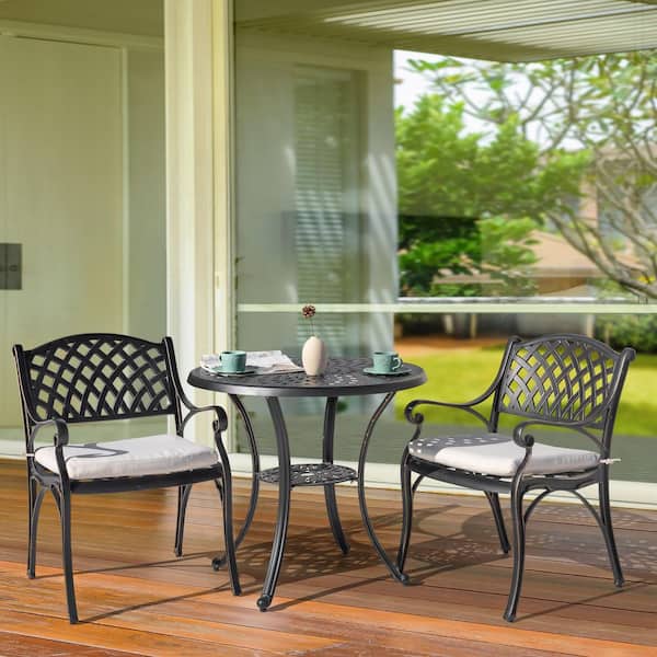 Nuu Garden Black with Gold-Painted Edges 3-Piece Cast Aluminum Outdoor Bistro Set with Umbrella Hole and Beige Cushions