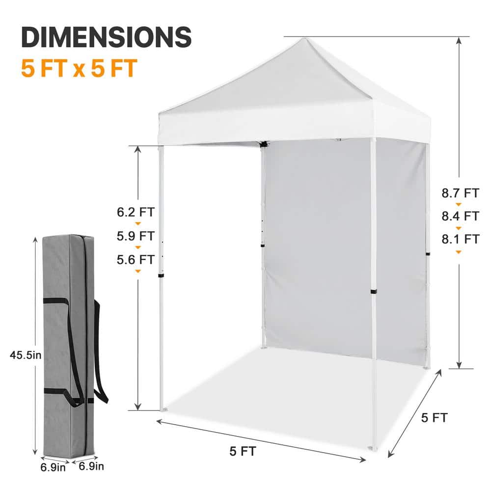 White 5 Ft. Adjustable Steel Pop-Up Canopy Tent with Sunwall