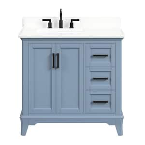 Rawsonville 37 in. Single Sink Freestanding Steel Blue Bath Vanity with White Quartz Top and Backsplash Assembled