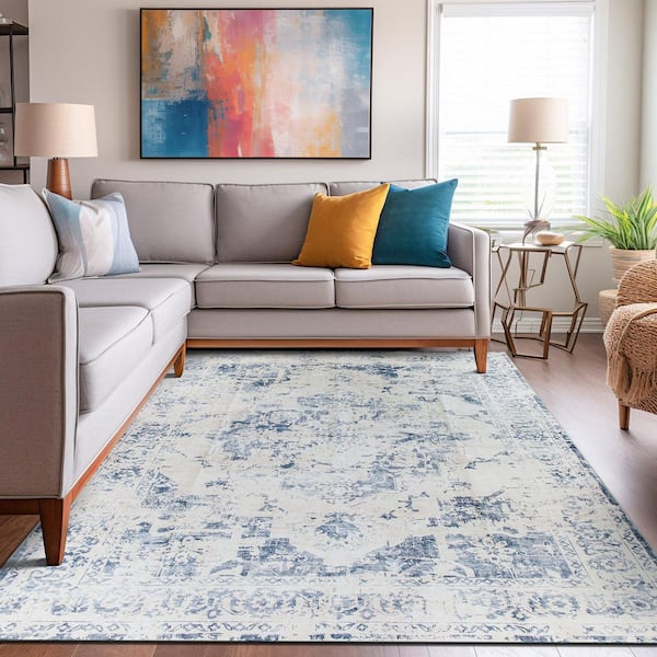 Traditional Vintage Distressed Washable Non Slip Blue 8 ft. x 10 ft. Area Rug