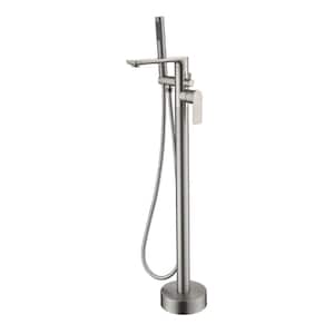 1-Handle Freestanding Floor Mount Tub Faucet Bathtub Filler with Hand Shower in Brushed Nickel