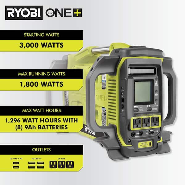 RYOBI - 18V ONE+ 1800-Watt Portable Battery Inverter Power Station/8-Port Charger with 60-Watt Foldable Solar Panel