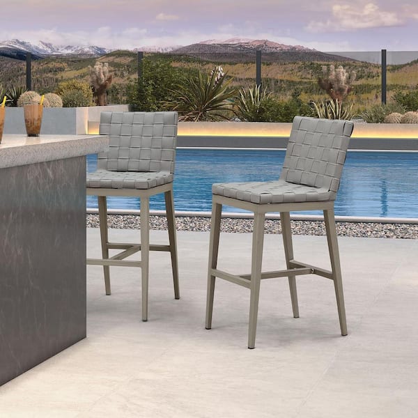 Aluminum Frame Bar Height Outdoor Bar Stools PU Leather Bar Stool for Garden/Kitchen with Gray Cushion （2 pack）