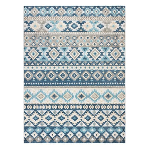 Dahlia Blue 5 ft. x 7 ft. Southwestern Stripe Indoor/Outdoor Patio Area Rug