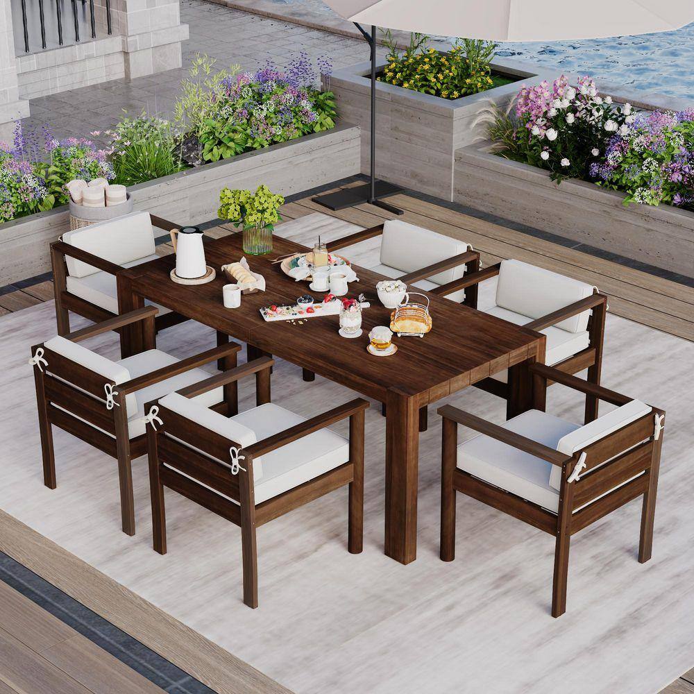 7-Piece Acacia Wood Outdoor Conversation Patio Furniture Set with Beige Cushions