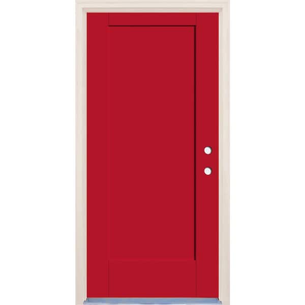 Builders Choice 36 in. x 80 in. 1 Panel Left-Hand Ruby Red Painted Fiberglass Prehung Front Door w/4-9/16 in. Frame and Nickel Hinges