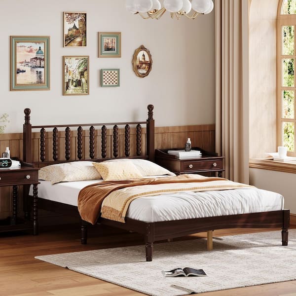 Walnut/Brown Wood Frame Full Platform Bed with Gourd Shaped Headboard
