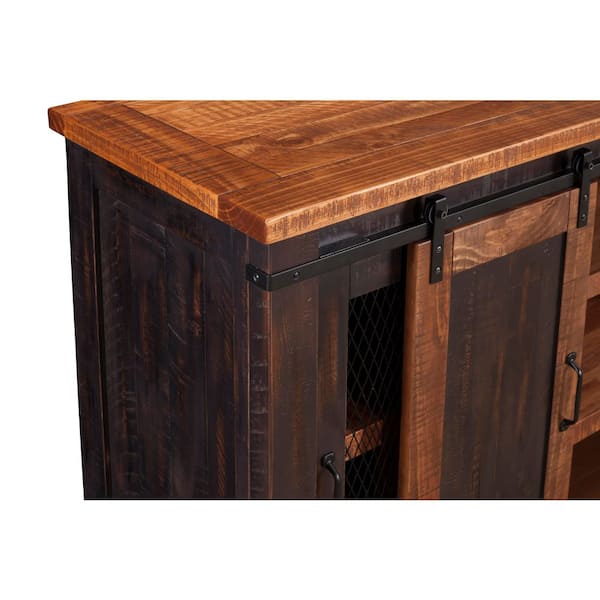Santa Fe Antique Black and Age Distressed Pine Metal TV Stand Fits TVs Up to 70 in. with Cable Management