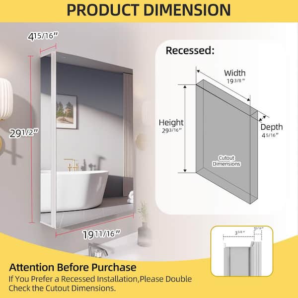 Blanc 20 in. W x 30 in. H Rectangular Aluminum Frameless White Medicine Cabinet with Mirrors Recessed or Surface Mount