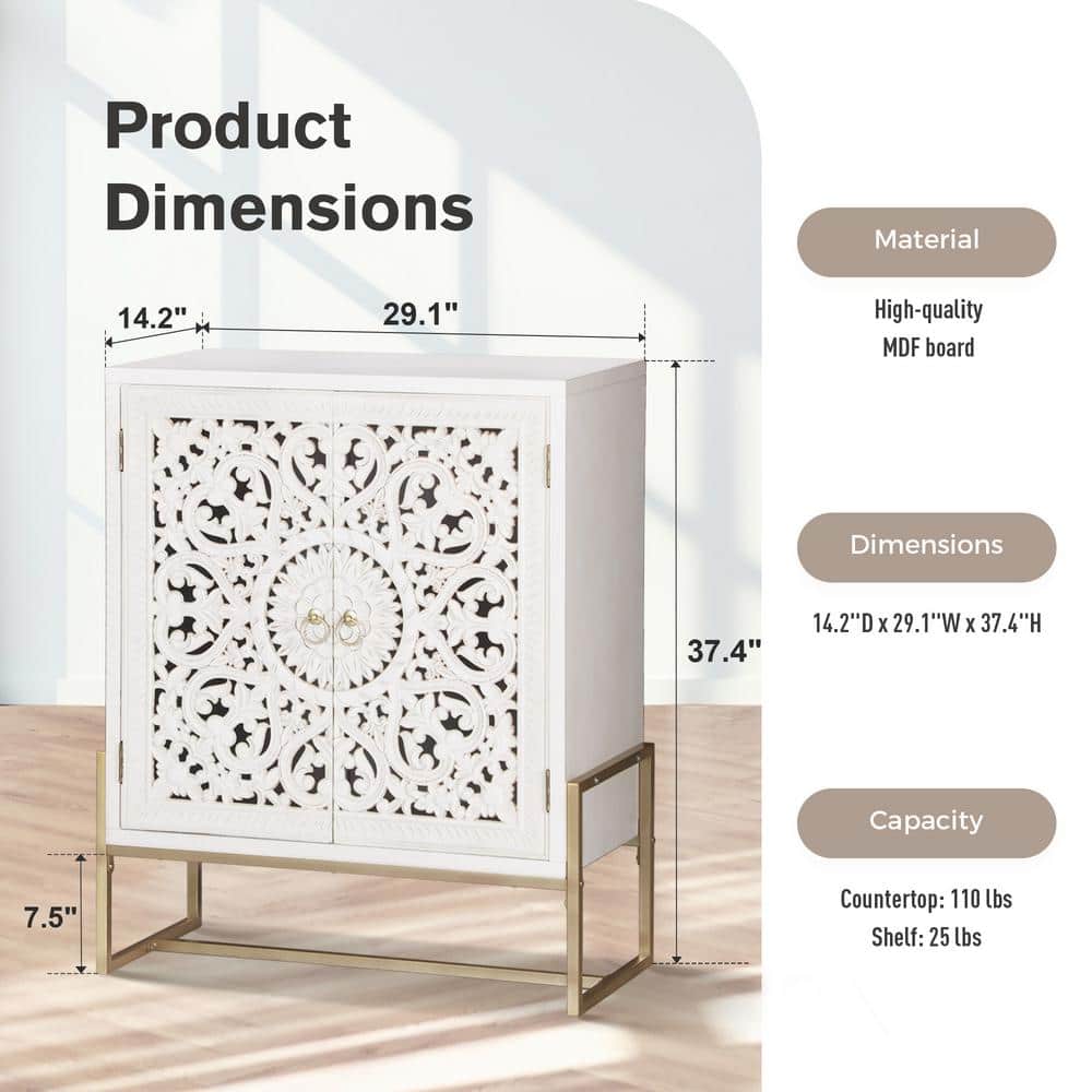 37.4 in. White Carved Composite Accent Cabinet with Adjustable Shelving