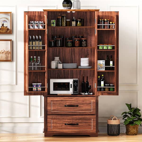 Runesay Farmhouse Embossed Texture Wood Brown 30.3 in. Kitchen Island Cart Pantry Cupboard with 2-Drawer and Adjustable 3-Shelf