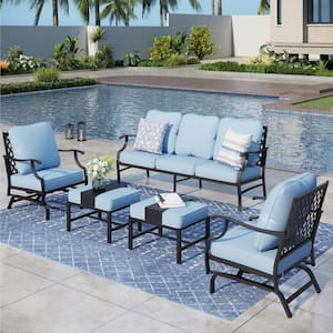 Black 5-Piece Metal Meshed 7-Seat Outdoor Patio Conversation Set with Blue Cushions, 2 Motion Chairs and 2 Ottomans