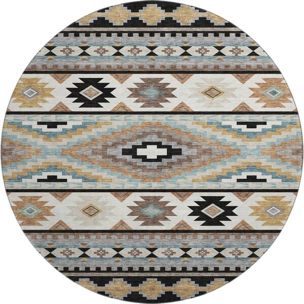 Mayfield Premium Machine Washable Abstract AMF2539 Black 8 ft. x 8 ft. Round Rug