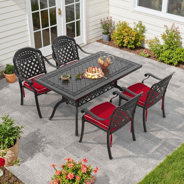 Isabella Black 5-Piece Cast Aluminum Outdoor Dining Set with Rectangle Table and Dining Chairs and Red Cushion