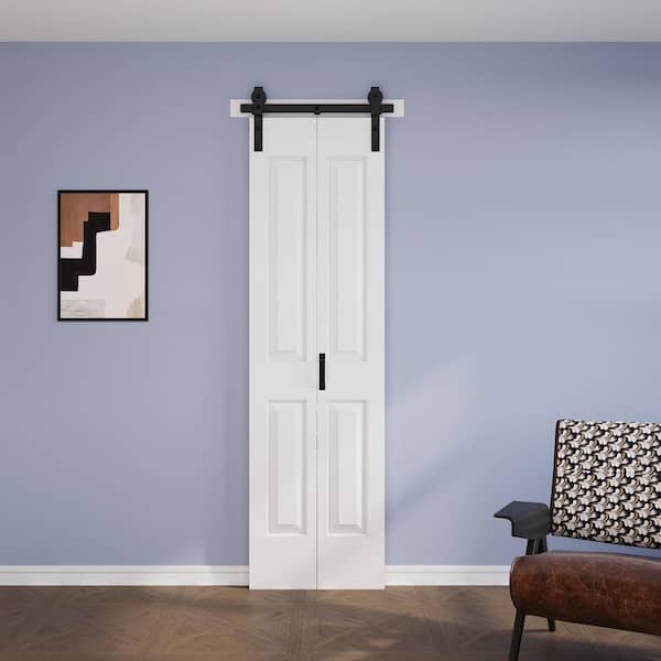24 in. x 84 in. Assembled Bi-Fold 4 Panel White Primed DIY Available Hollow Core MDF Sliding Barn Door with Hardware Kit