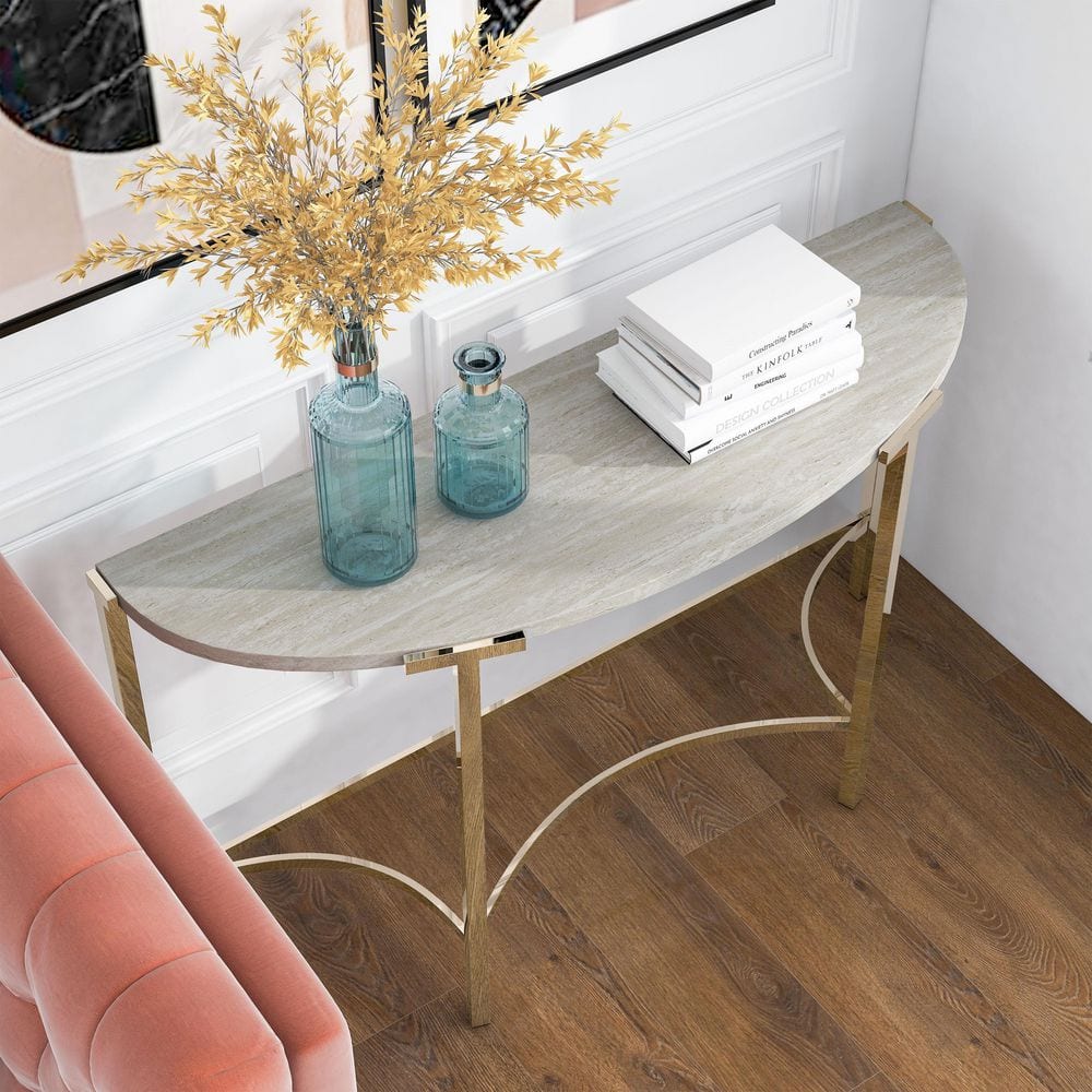 Champagne Gold Metal Half-Circle Console Table with Faux Marble Top